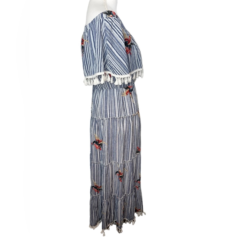 L’ATISTE by AMY Blue & White Off Shoulder tier Maxi Dress with fringe Tassles - Picture 13 of 17